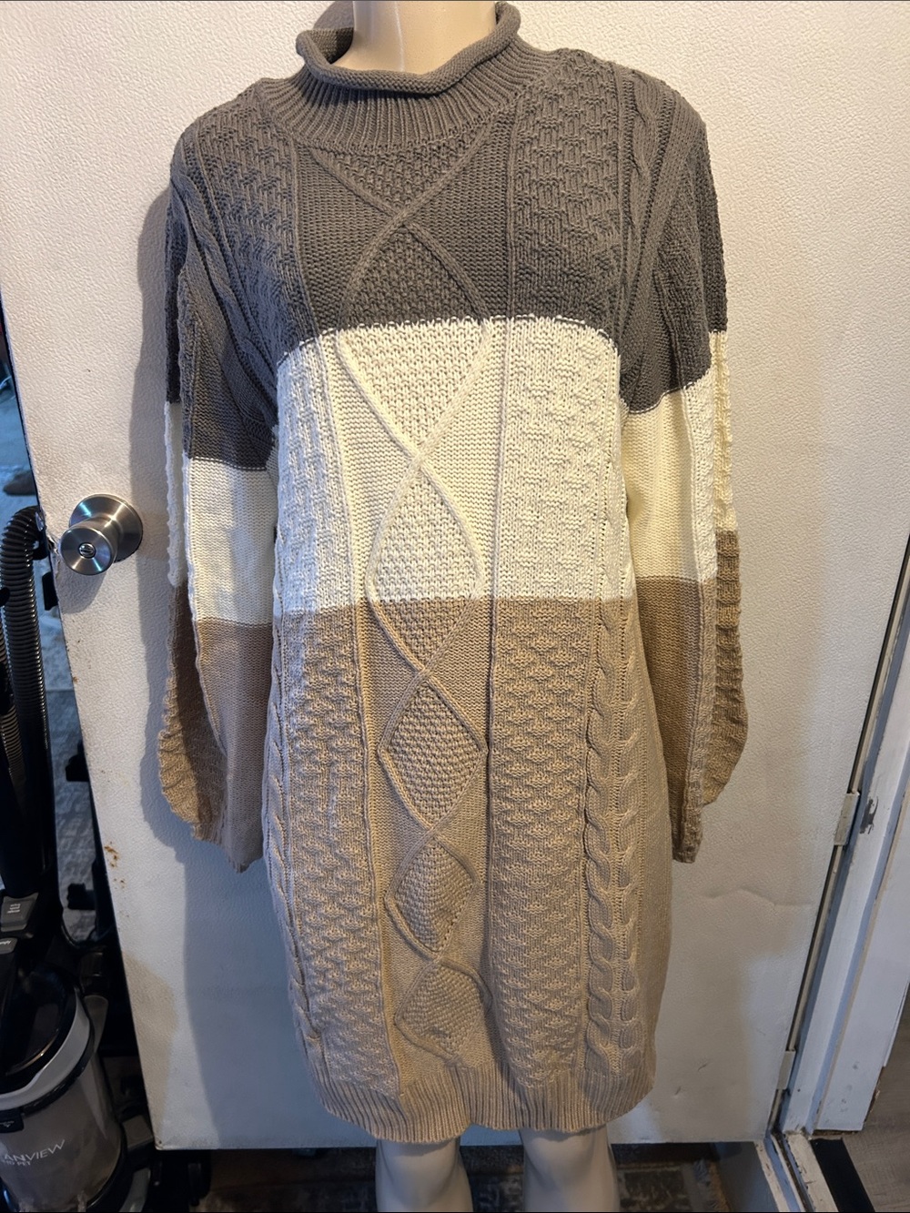 Cozy Colorblock Cable Knit Turtleneck Sweater Dress - Taupe, Cream & Gray